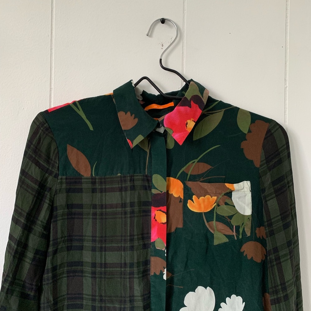 Joe Fresh Tartan Plaid Floral Silk Blouse XS/TP